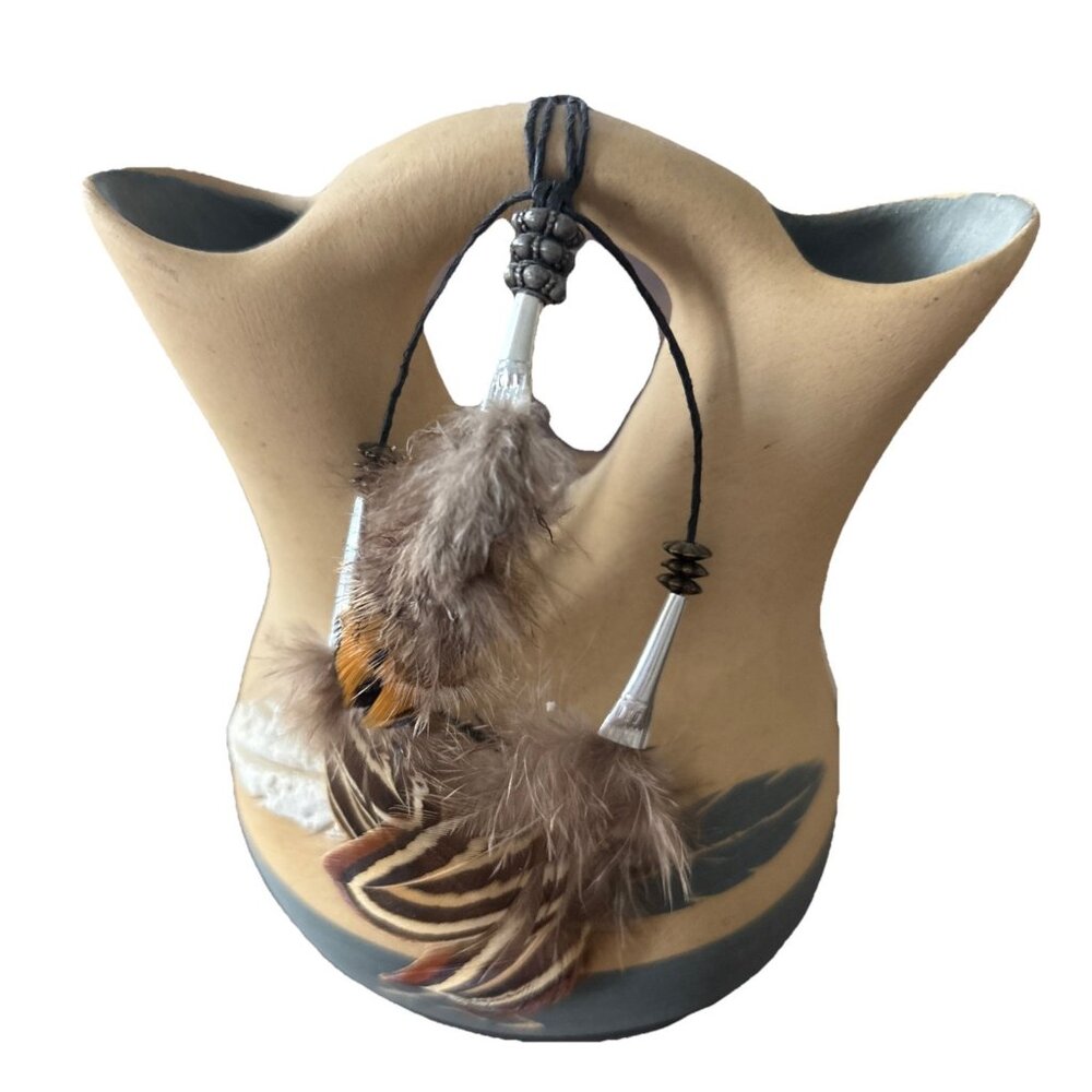 Native American 5” Pueblo Natural Clay Wedding Vase, Grey Feather Signed Piece